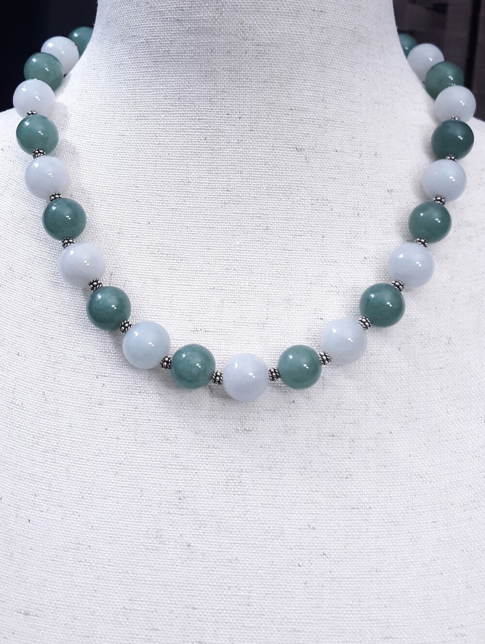 Natural Green Jadeite Jade Gemstone Sterling Silver Beaded Statement Necklace
